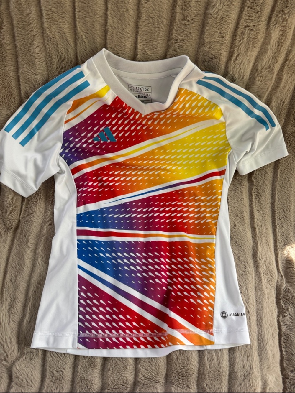 adidas White Short Sleeve Performance Tee with Rainbow Chevron Print